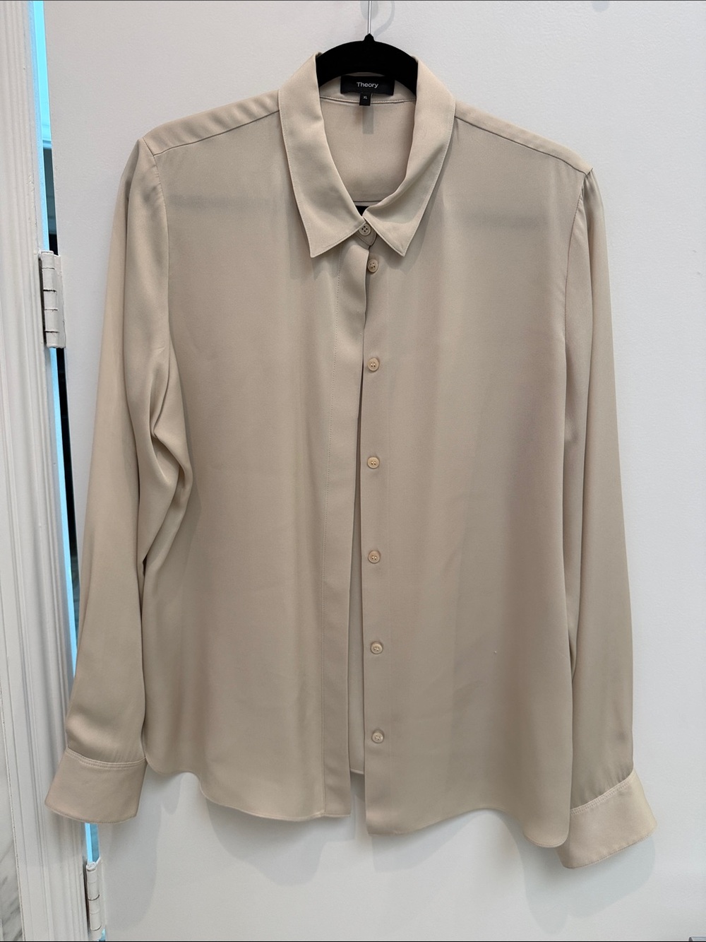 Theory Neutral Beige Silk Button-Down Shirt